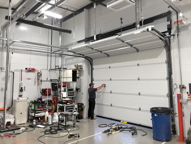Redlands Garage Door Repair certified technician performing commercial door repair at a Redlands business facility
