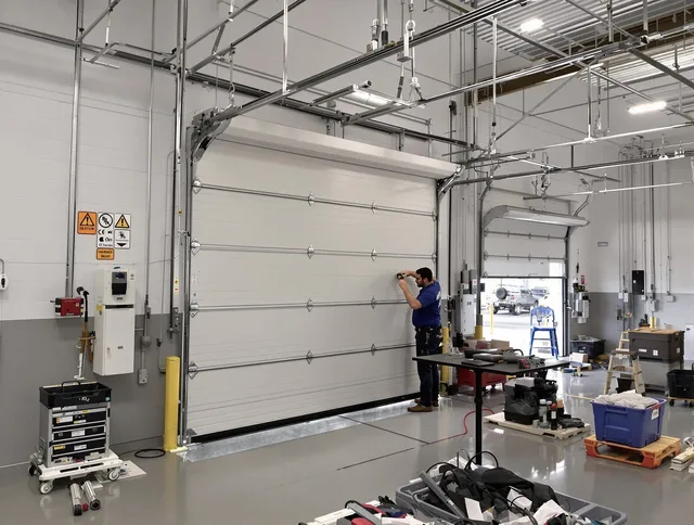 Commercial garage door repair being performed by Redlands Garage Door Repair expert in Redlands