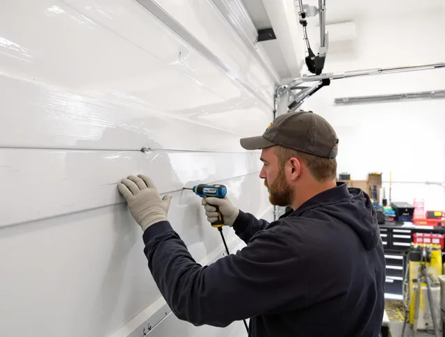 Redlands Garage Door Repair technician demonstrating precision dent removal techniques on a Redlands garage door