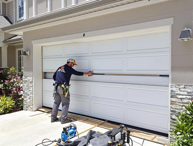 Redlands Garage Door Repair team performing complete garage door replacement at Redlands residence