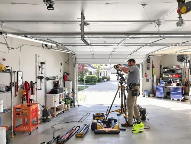 Redlands Garage Door Repair specialist performing laser-guided track alignment in Redlands